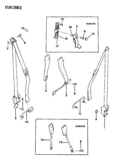 1991 Jeep Cherokee Buckle, Front Passenger Side Diagram for 5AF70JA8