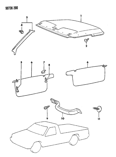 1990 Dodge Ram 50 Headliner, Mouldings, Visor & Assist Strap Diagram 1 - Thumbnail