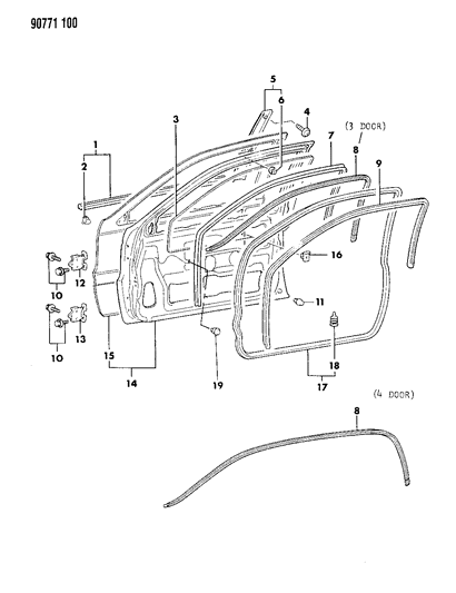 1990 Dodge Colt Door, Front Shell, Glass, Hinges And Weatherstrips Diagram