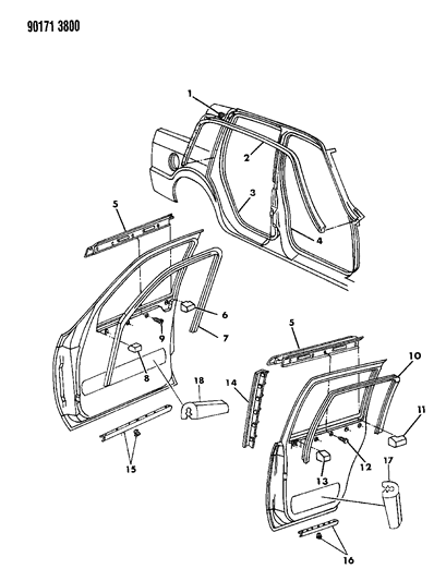 1990 Chrysler New Yorker Base Model Door, Front & Rear Weatherstrips, Runs, Seals And Guards Diagram