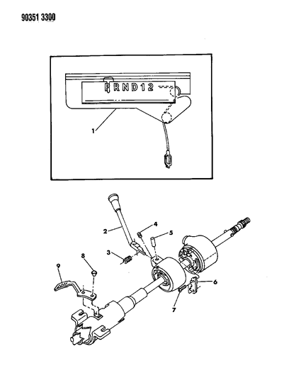 1990 Dodge D150 Controls, Gearshift, Steering Column Shift Diagram