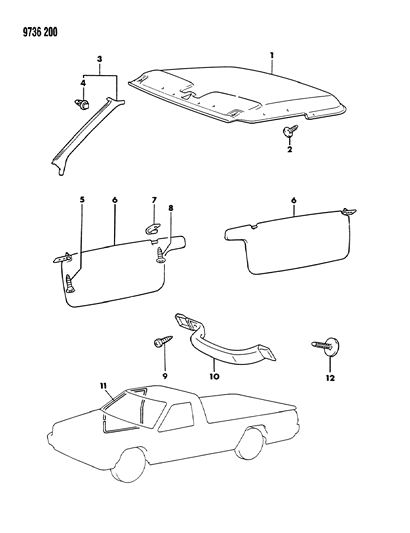 1989 Dodge Ram 50 Headliner, Mouldings, Visor & Assist Strap Diagram 1 - Thumbnail