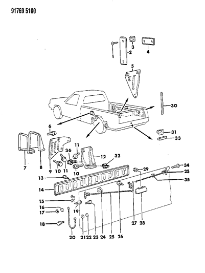 1991 Dodge Ram 50 Tailgate Latch & Attaching Parts Diagram