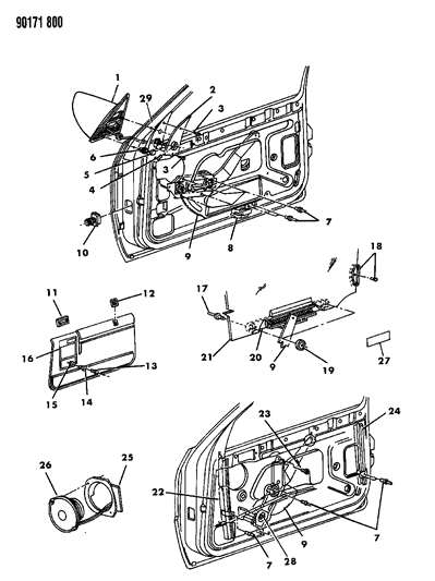 1990 Dodge Shadow Door, Front Glass, Regulators And Speakers Diagram