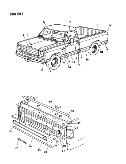 1989 Dodge D150 Mouldings & Ornamentation - Exterior View Diagram 1 - Thumbnail