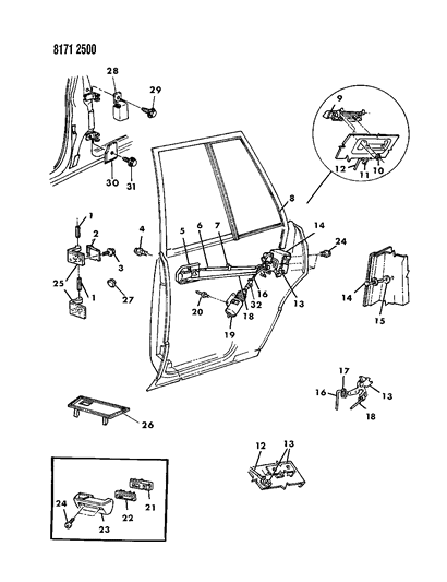 1988 Chrysler LeBaron Base Door, Rear Shell, Handle & Control Diagram