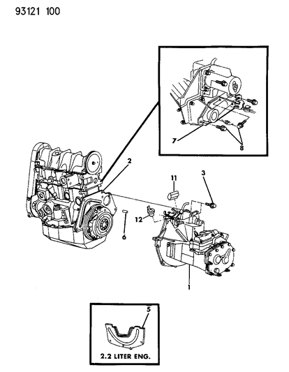 1993 Chrysler LeBaron GTC Transaxle Assemblies & Mounting of Manual Transmission & Transfer Case Diagram