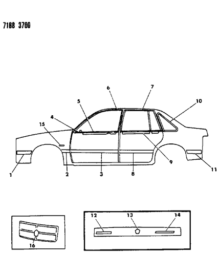 1987 Chrysler LeBaron GTS Mouldings & Ornamentation - Exterior View Diagram