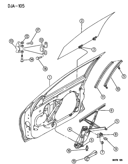 1996 Chrysler Cirrus Door, Front Hinge Shell, Glass & Regulator Diagram