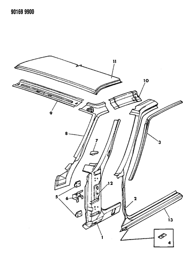 1990 Dodge Daytona Body Front Pillar & Roof Panel Diagram