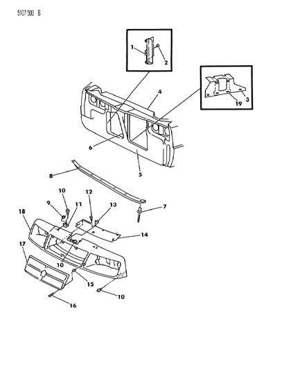1985 Chrysler LeBaron GTS Grille & Related Parts Diagram 1 - Thumbnail