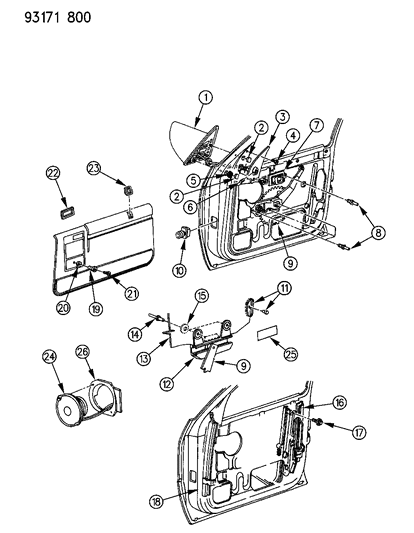 1993 Dodge Shadow Door, Front Glass & Regulator Diagram