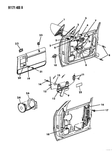 1991 Dodge Shadow Door, Front Glass & Regulator Diagram