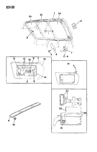 1988 Chrysler LeBaron Base Headliner Visor & Shelf Panel Diagram