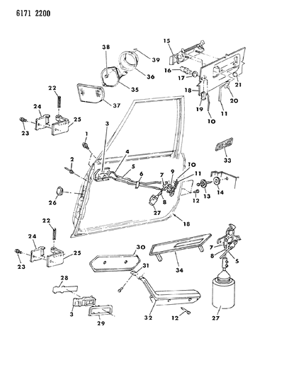 1986 Chrysler LeBaron Base Door, Front Shell, Control And Hardware Diagram