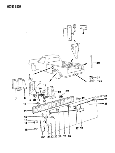 1990 Dodge Ram 50 Tailgate Latch & Attaching Parts Diagram