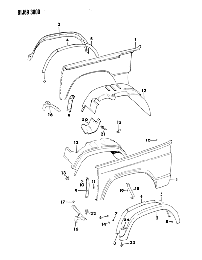 1986 Jeep Comanche Fenders, Front Diagram