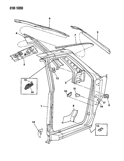 1988 Dodge Caravan Body Front Pillar & Aperture Panel Diagram