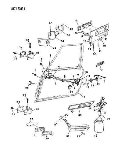 1988 Chrysler LeBaron Base Door, Front Shell, Control And Hardware Diagram