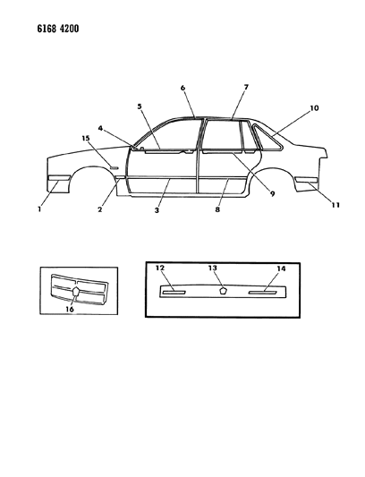 1986 Chrysler LeBaron GTS Mouldings & Ornamentation - Exterior View Diagram