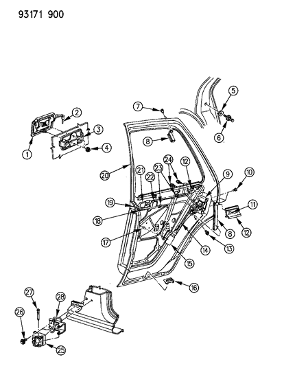 1993 Dodge Shadow Door, Rear Shell, Handle & Control Diagram