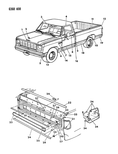1987 Dodge D150 Mouldings & Name Plates - Exterior View Diagram 1 - Thumbnail