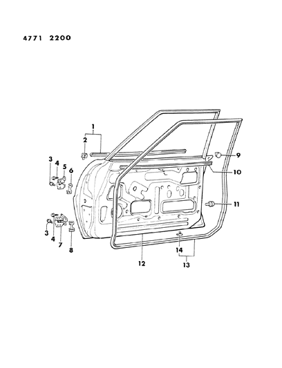 1984 Dodge Ram 50 Door, Front Shell, Hinges And Weatherstrips Diagram