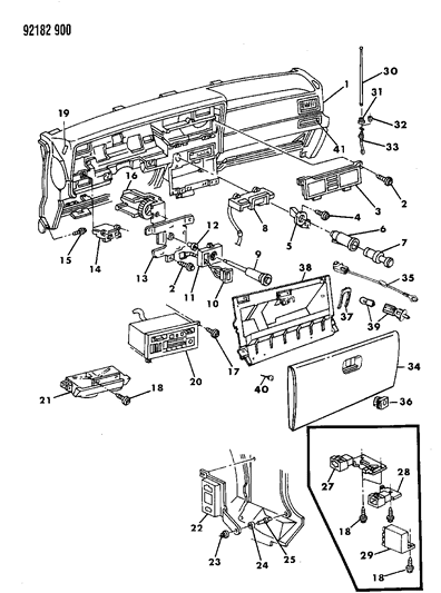 1992 Chrysler LeBaron Sedan Instrument Panel Pad, Controls, Radio & Antenna Diagram