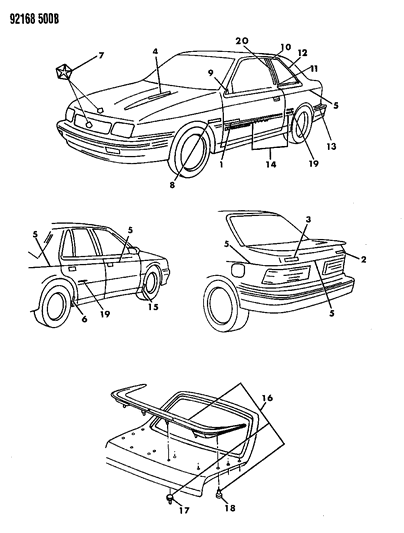 1992 Dodge Shadow Tapestries, Decals, Nameplates And Rear Spoiler Diagram