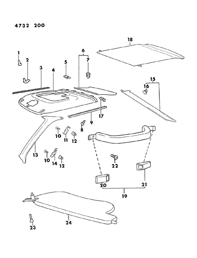 1984 Chrysler Conquest Headlining, Rear Shelf, Garnish Mouldings, Visor & Assist Strap Diagram