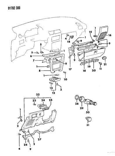 1991 Dodge Colt Instrument Panel Bezels & Glovebox Diagram 1 - Thumbnail