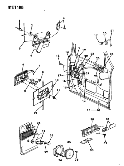 1991 Chrysler LeBaron Sedan Door, Front Glass, Handles & Controls Diagram