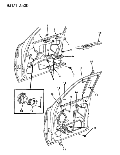 1993 Chrysler Imperial Door, Front Regulator, Speaker & Bezel Diagram