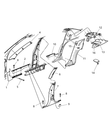 2005 Chrysler Sebring Windshield Pillar Trim, Dark Gray, Passenger Side Diagram for RC46XDVAE