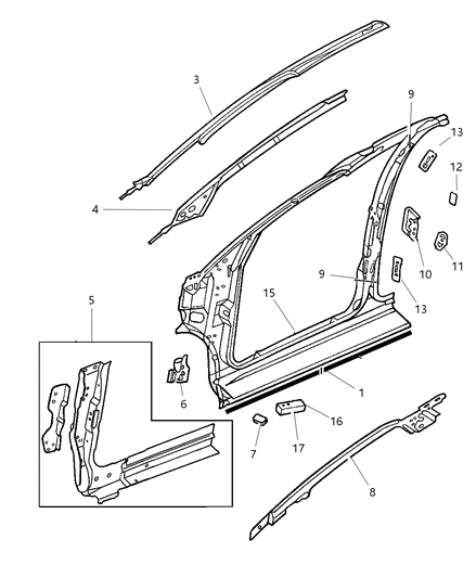 2004 Dodge Caravan Body Front Pillar & Aperture Panel Diagram