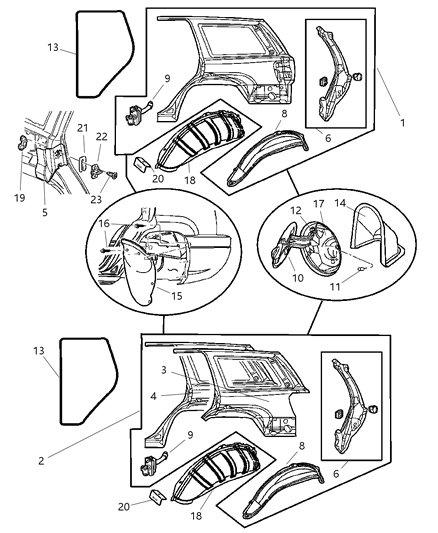 2000 Jeep Grand Cherokee Panel Bodyside Aperture Rear, w/ Tailamp Pocket Diagram for 5013058AA