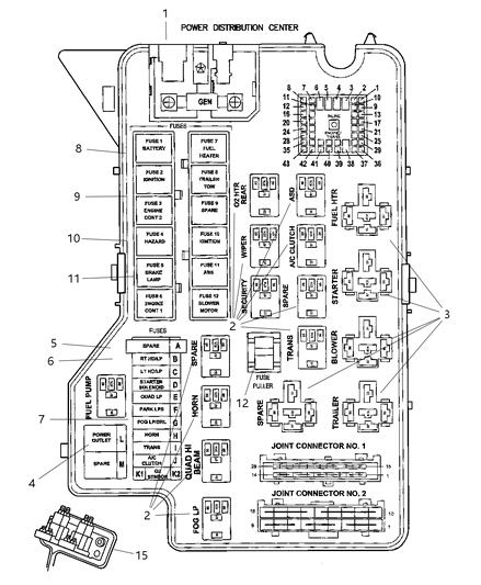 2001 Dodge Ram 3500 Quad & Club Cab Power Distribution Center Relay & Fuses Diagram