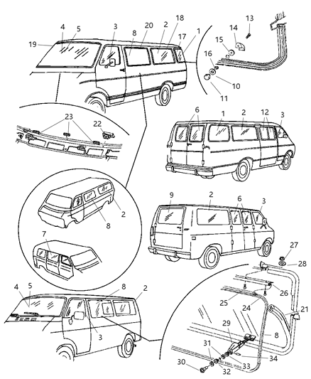 1999 Dodge Ram Wagon Glass & Weatherstrips Diagram