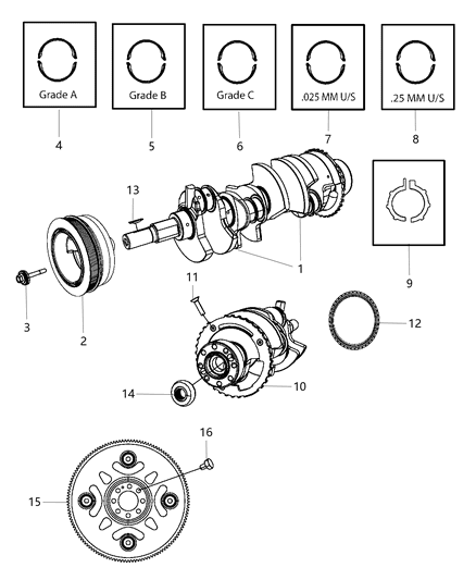 2008 Dodge Dakota Crankshaft , Crankshaft Bearings , Damper , Flywheel And Flex plate Diagram 2 - Thumbnail
