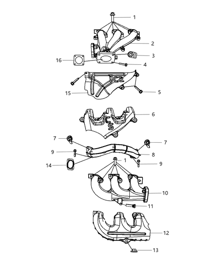 2007 Chrysler Pacifica Exhaust Manifolds , Manifold Heat Shields & Mounting Diagram 1 - Thumbnail