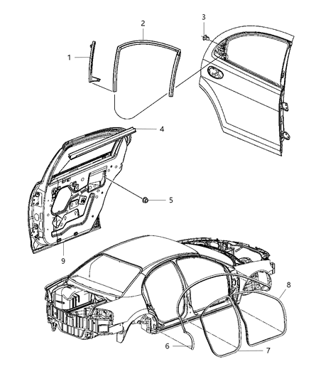 2001 Dodge Stratus Sedan Weatherstrips - Rear Door Diagram