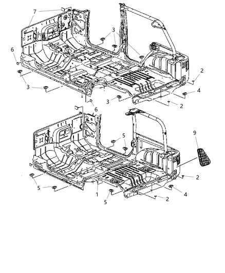 2018 Jeep Wrangler JK (Previous-generation) Floor Pan Plugs Diagram