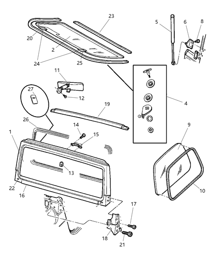 2004 Jeep Wrangler Glass, Windshield, Backlite, Quarter Windshield Frame, Hinges Diagram