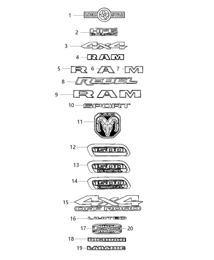 2020 Ram 1500 New Style Nameplates, Emblems And Medallions Diagram