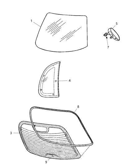 2007 Chrysler PT Cruiser Windshield, Backlite And Mirror Diagram