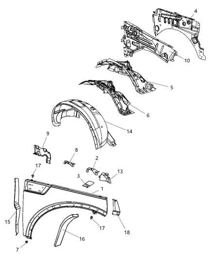 2008 Dodge Nitro Wheelhouse Front Inner Diagram for 55176858AL