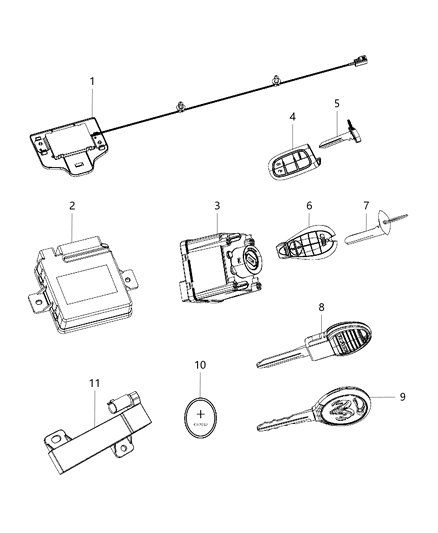 2013 Ram 3500 Pickup Modules, Receiver Hub, Keys, And Key Fobs Diagram