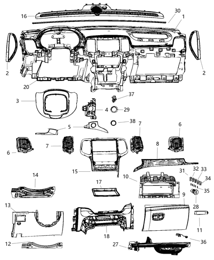 2017 Dodge Durango Center Stack Vehicle Feature Controls Bezel Diagram for 68254035AA