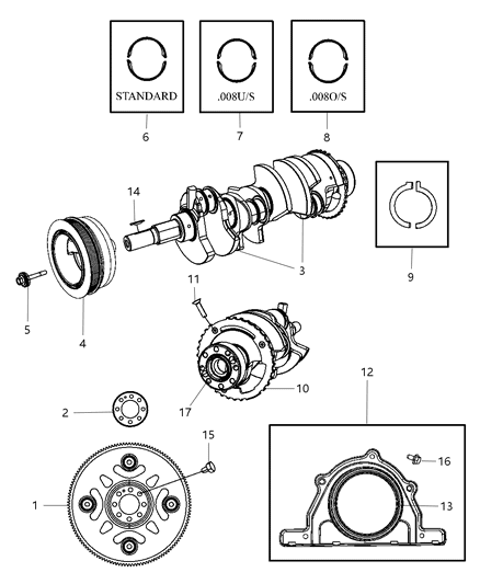 2009 Jeep Grand Cherokee Crankshaft , Crankshaft Bearings , Damper And Flex Plate And Flywheel Diagram 6 - Thumbnail