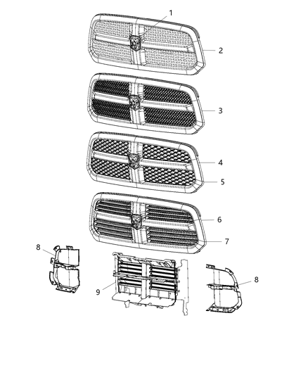 2013 Ram 1500 Grille Radiator Includes Close Out Panels Diagram for 68093930AB